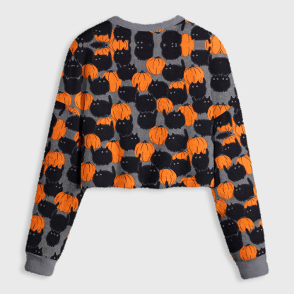 Tokyo-Tiger Halloween Black Cat Pumpkin Women's Fuzzy Cropped Sweatshirt