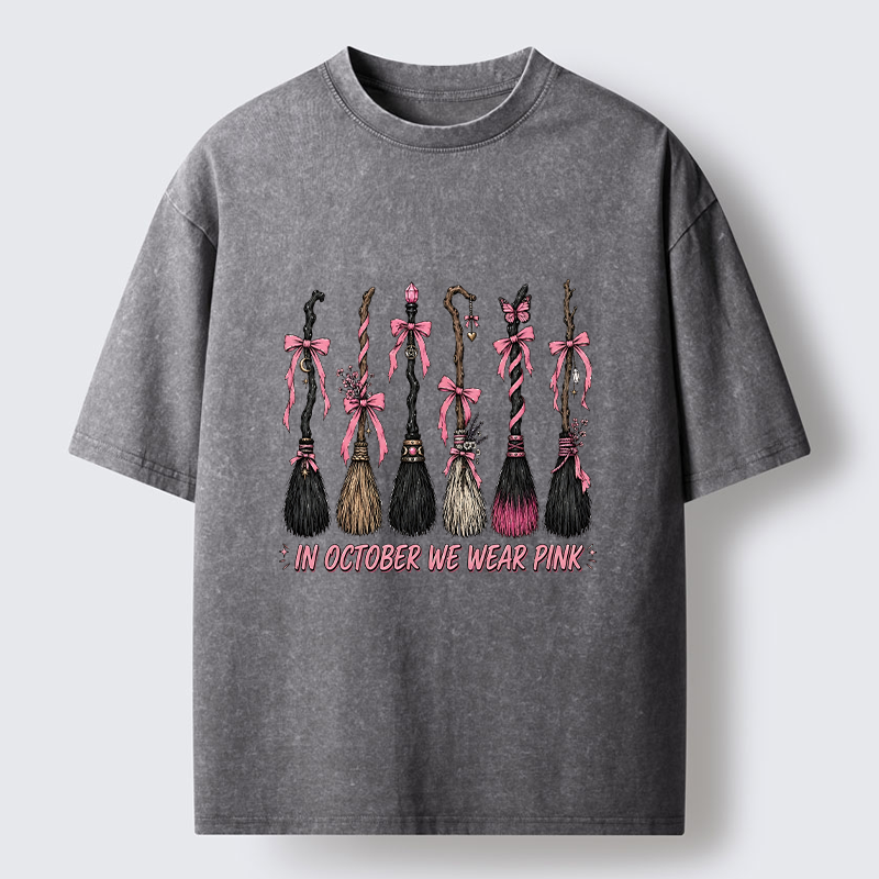 Tokyo-Tiger Witch Broom Breast Cancer Awareness Washed T-Shirt