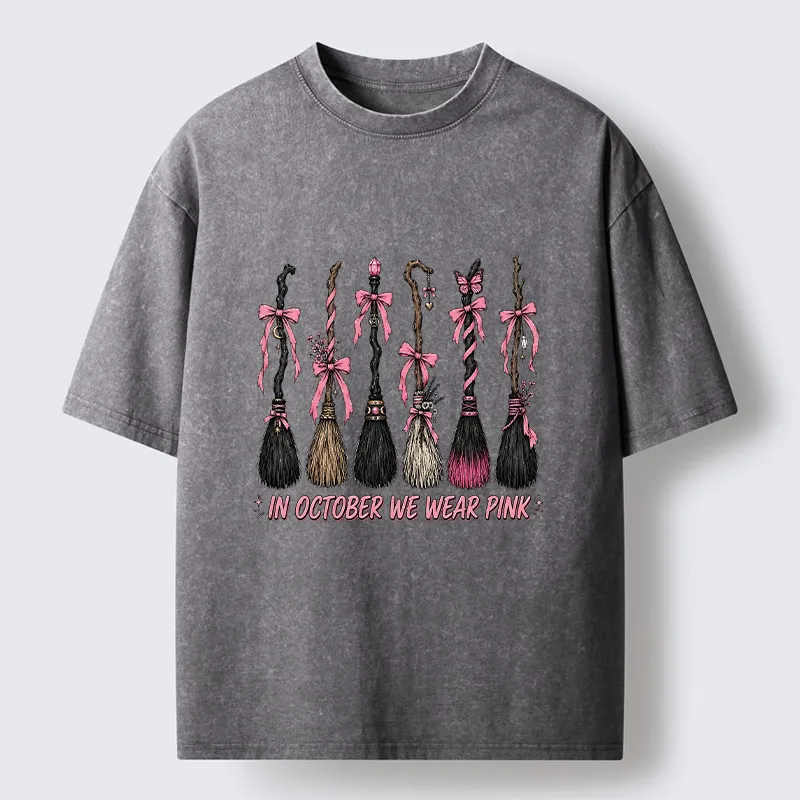 Tokyo-Tiger Witch Broom Breast Cancer Awareness Washed T-Shirt