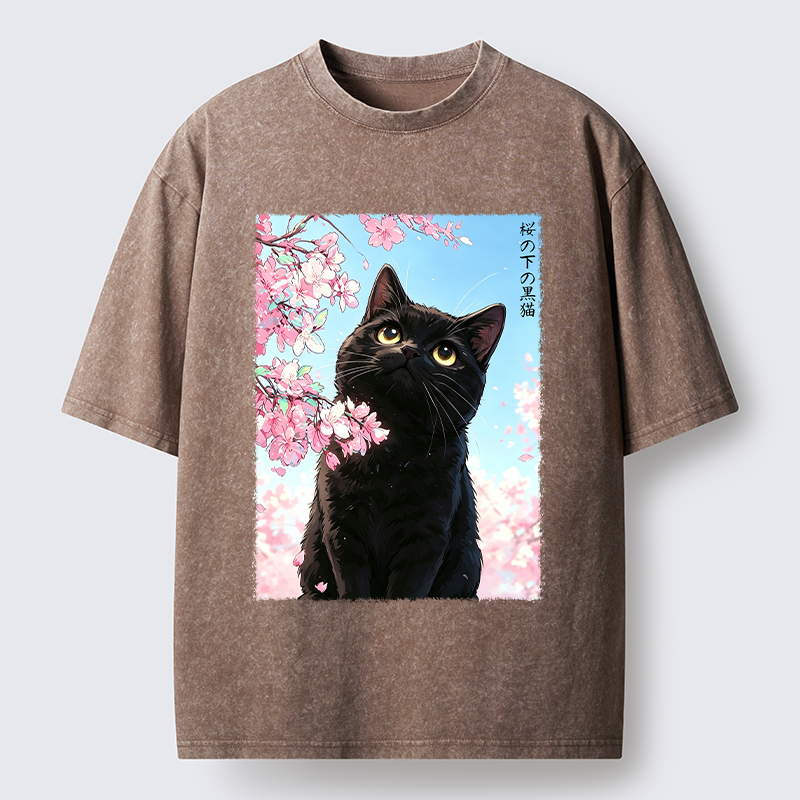 Tokyo-Tiger Japanese Sakura Black Cat Washed T-Shirt