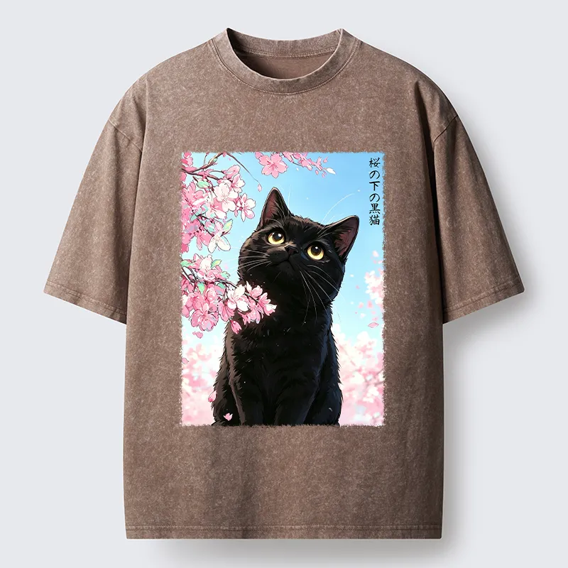 Tokyo-Tiger Japanese Sakura Black Cat Washed T-Shirt