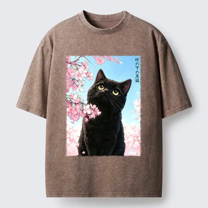 Tokyo-Tiger Japanese Sakura Black Cat Washed T-Shirt