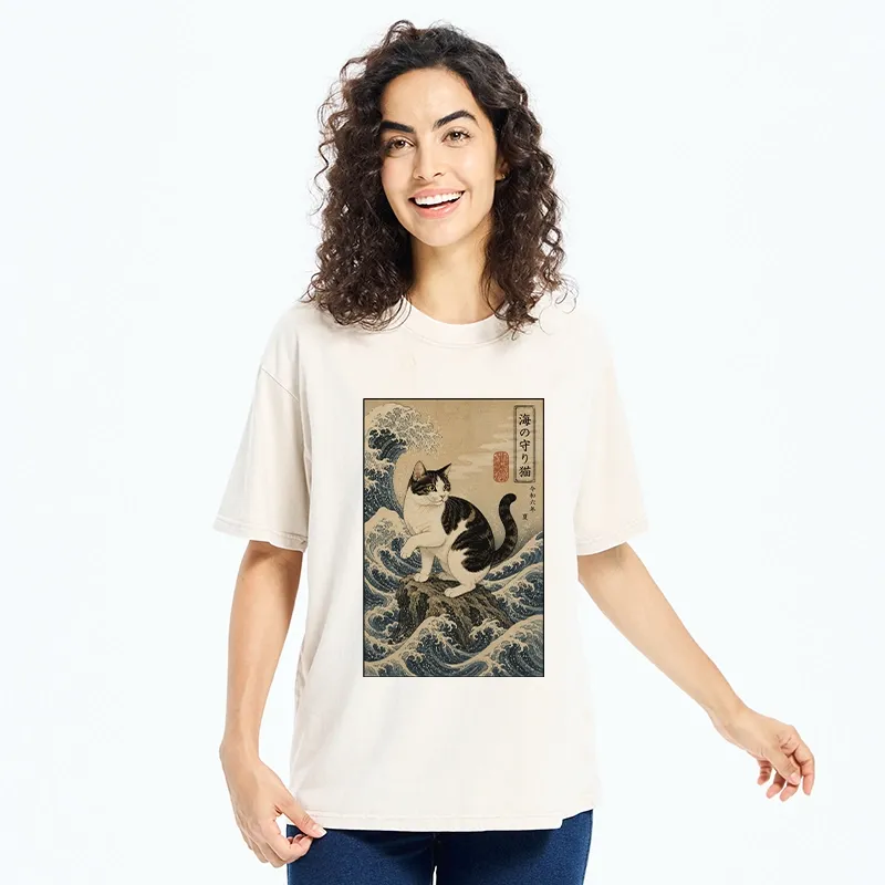 Tokyo-Tiger Sea Guardian Cat In Great Wave Art Washed T-Shirt
