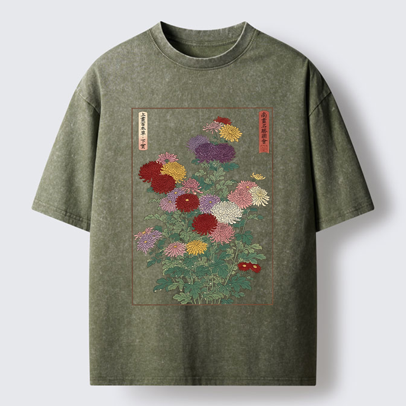 Tokyo-Tiger Traditional Bloom Print Washed T-Shirt