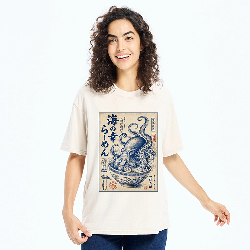 Tokyo-Tiger Vintage Octopus Ramen Japanese Poster Washed T-Shirt