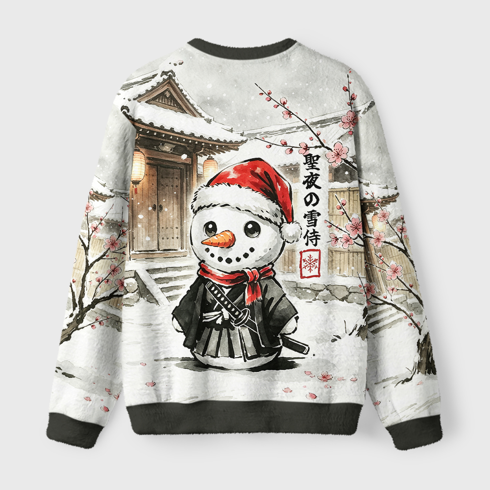 Tokyo-Tiger Samurai Snowman Fuzzy Christmas Ugly Sweatshirt
