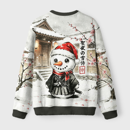 Tokyo-Tiger Samurai Snowman Fuzzy Christmas Ugly Sweatshirt
