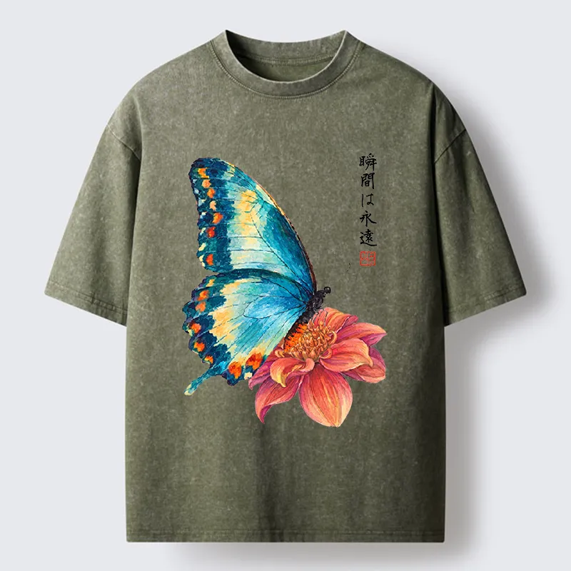 Tokyo-Tiger Flower Butterfly Vibe Washed T-Shirt