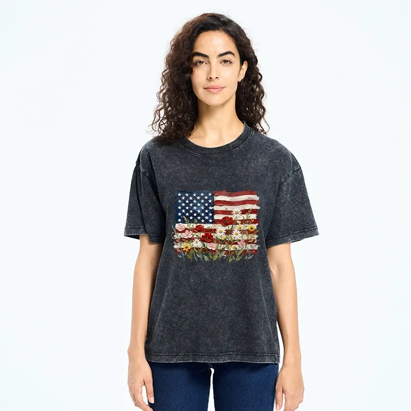 Tokyo-Tiger Floral Accents On Textured Flag Art Washed T-Shirt