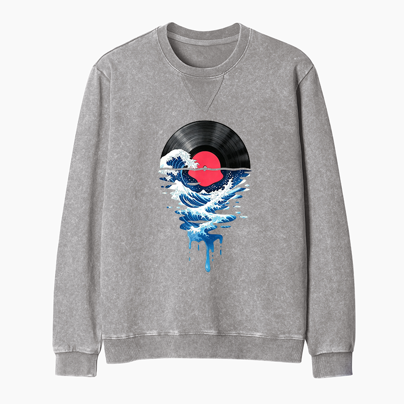 Tokyo-Tiger Vinyl Records And Waves Washed Terry Sweatshirt