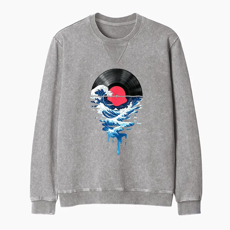 Tokyo-Tiger Vinyl Records And Waves Washed Terry Sweatshirt