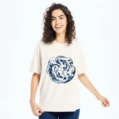 Tokyo-Tiger Monochrome Blue Yin Yang Fish Tee Washed T-Shirt