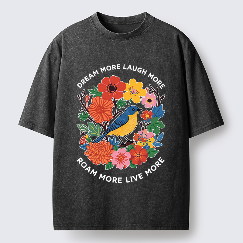 Tokyo-Tiger Vintage Bird Floral Quote Washed T-Shirt
