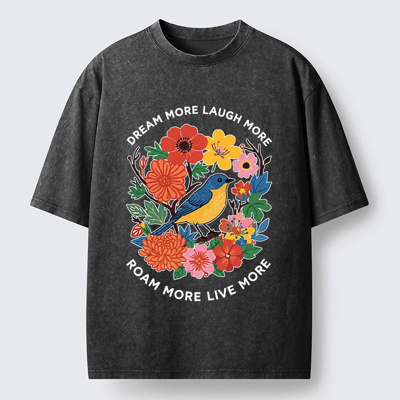 Tokyo-Tiger Vintage Bird Floral Quote Washed T-Shirt