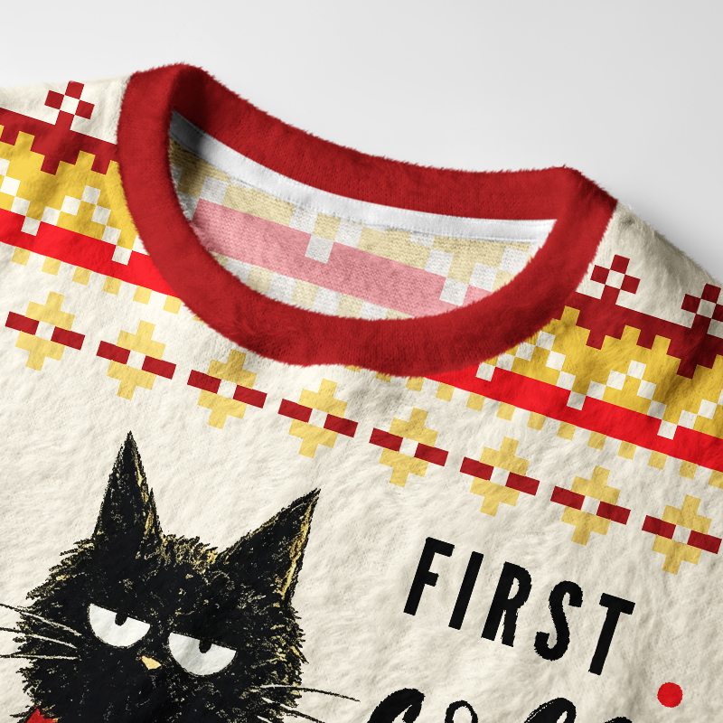 Tokyo-Tiger First Coffee Then Christmas Cat Fuzzy Christmas Ugly Sweatshirt