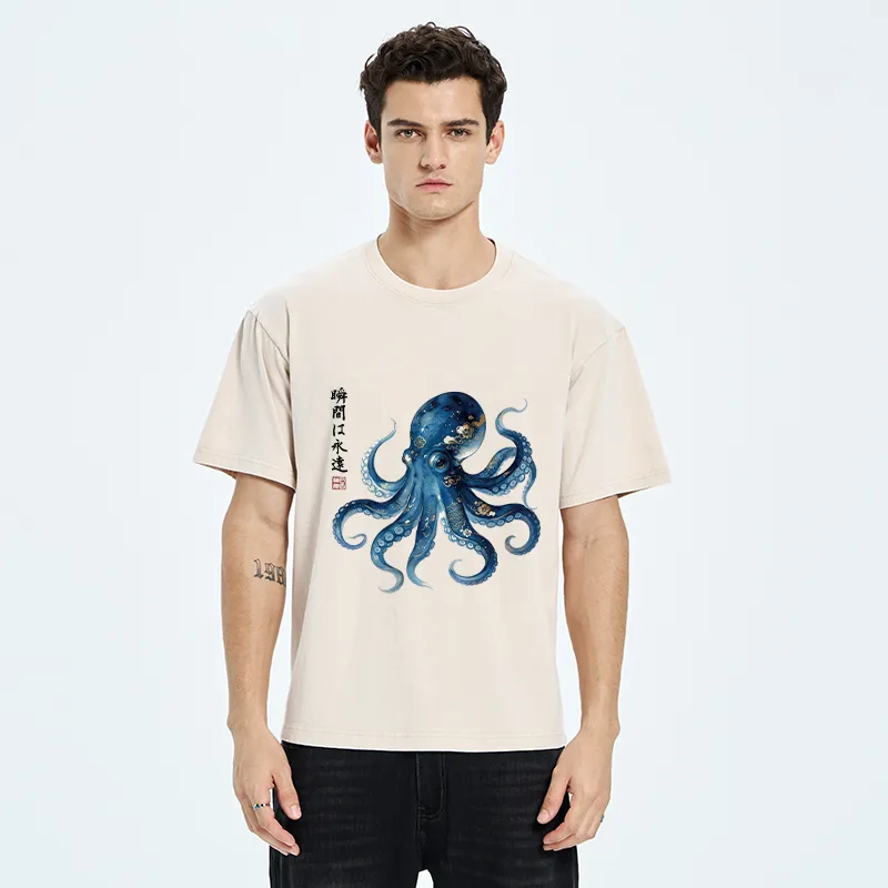 Tokyo-Tiger Japanese Ink Blue Octopus Art Washed T-Shirt
