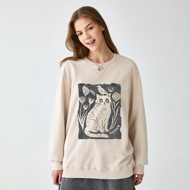 Tokyo-Tiger Folk Paper Cut Cat Bird Floral Art Washed Terry Sweatshirt