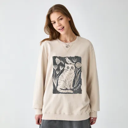 Tokyo-Tiger Folk Paper Cut Cat Bird Floral Art Washed Terry Sweatshirt