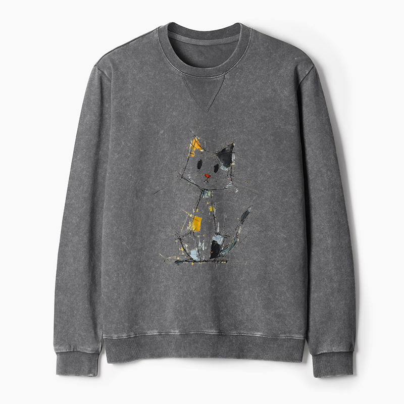 Tokyo-Tiger Minimal Splash Ink Cute Cat Washed Terry Sweatshirt