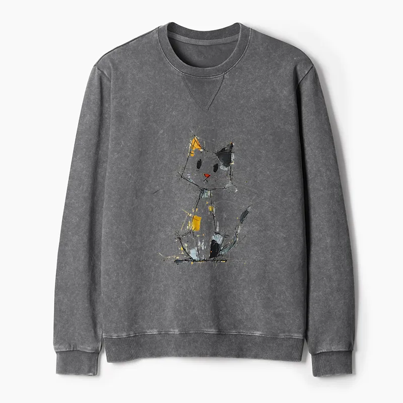 Tokyo-Tiger Minimal Splash Ink Cute Cat Washed Terry Sweatshirt