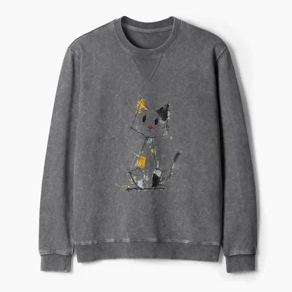 Tokyo-Tiger Minimal Splash Ink Cute Cat Washed Terry Sweatshirt