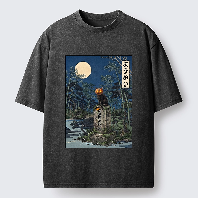 Tokyo‑Tiger Funny Ghost Cat Washed T‑Shirt