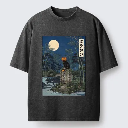 Tokyo‑Tiger Funny Ghost Cat Washed T‑Shirt