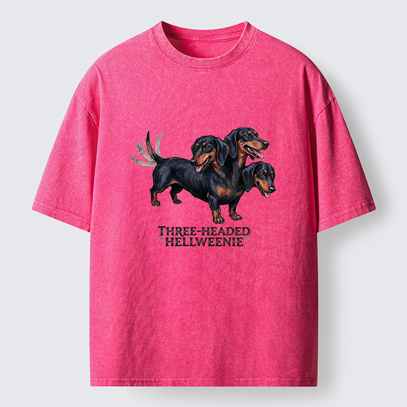 Tokyo-Tiger Three-headed Hellweenie Dachshund Dog Washed T-Shirt