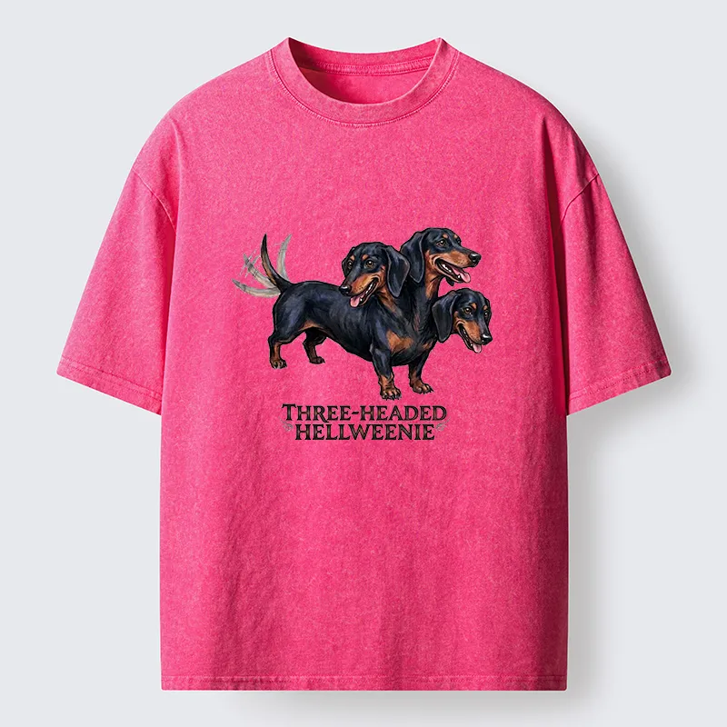 Tokyo-Tiger Three-headed Hellweenie Dachshund Dog Washed T-Shirt