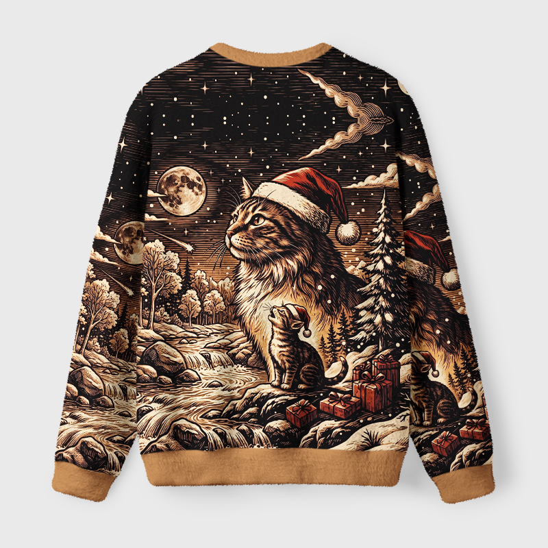 Tokyo-Tiger Moonlit Christmas Cat Dreams Fuzzy Christmas Ugly Sweatshirt