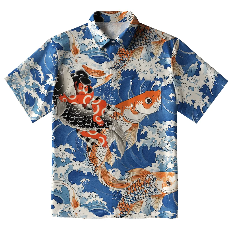 Tokyo-Tiger Sumo Wrestler Holding A Koi Button-up Shirt