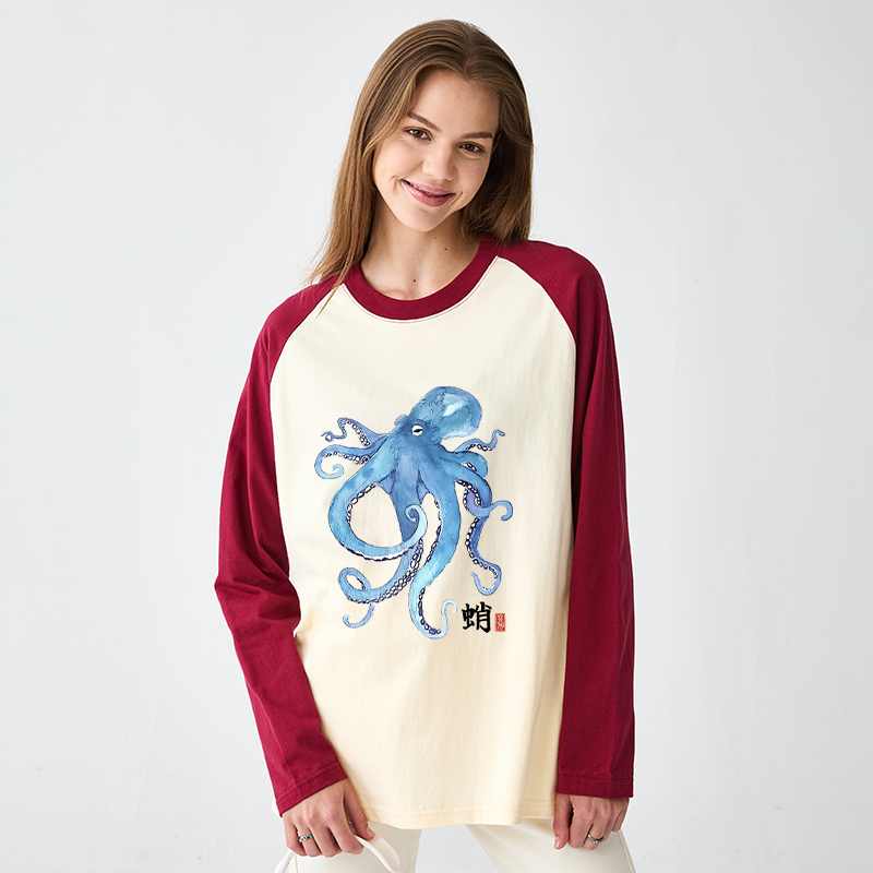 Tokyo-Tiger Watercolor Blue Octopus Raglan Long Sleeve T-shirt