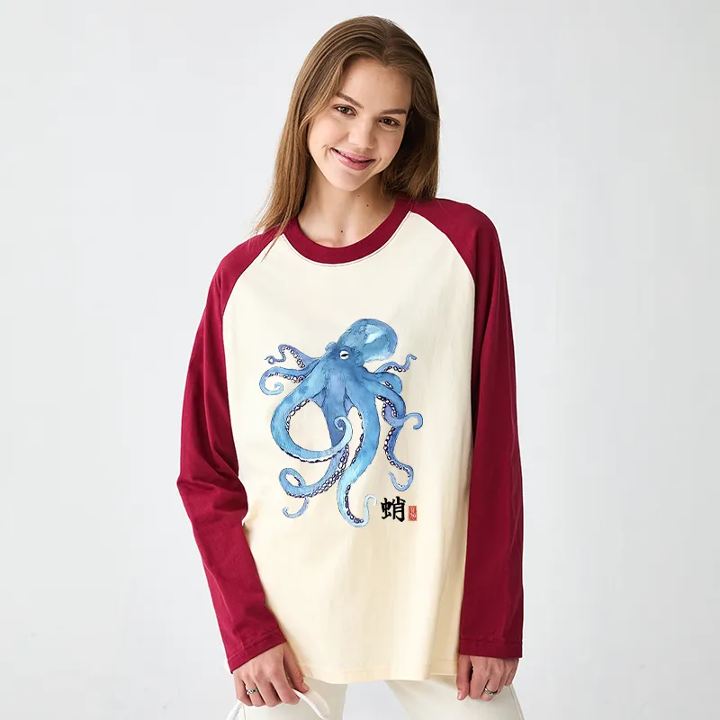 Tokyo-Tiger Watercolor Blue Octopus Raglan Long Sleeve T-shirt