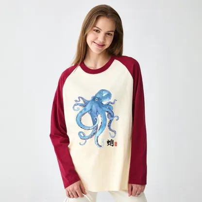 Tokyo-Tiger Watercolor Blue Octopus Raglan Long Sleeve T-shirt