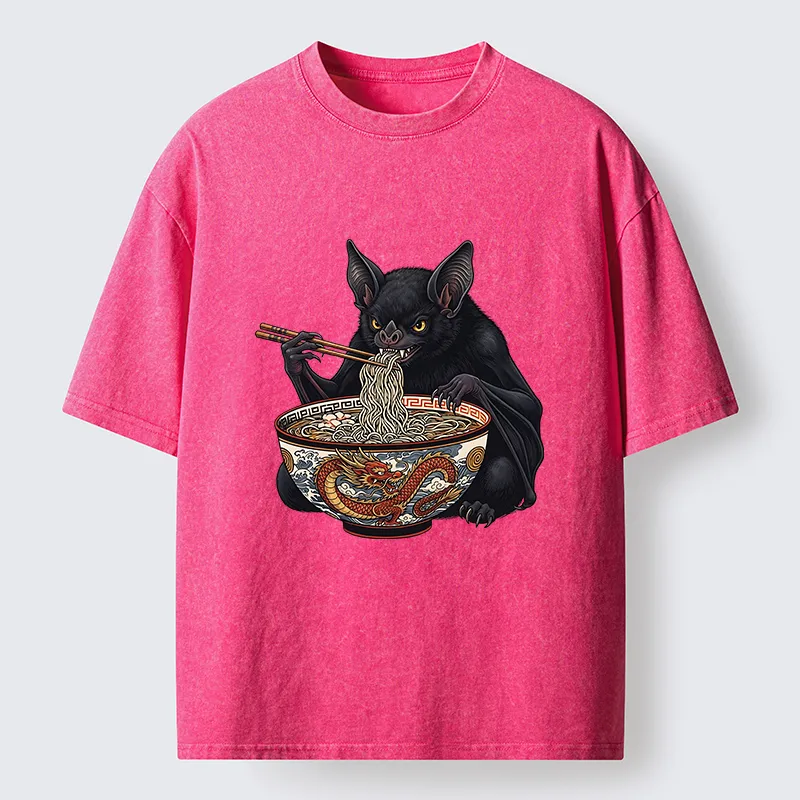 Tokyo-Tiger Bat Eating Ramen Washed T-Shirt