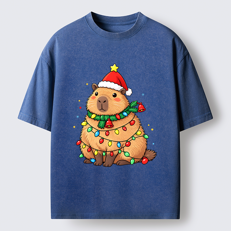 Tokyo-Tiger Chill Capybara In Christmas Outfit Washed T-Shirt