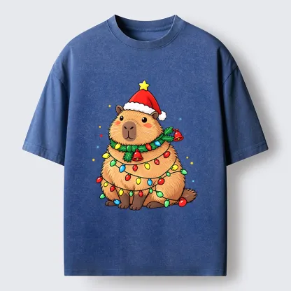 Tokyo-Tiger Chill Capybara In Christmas Outfit Washed T-Shirt