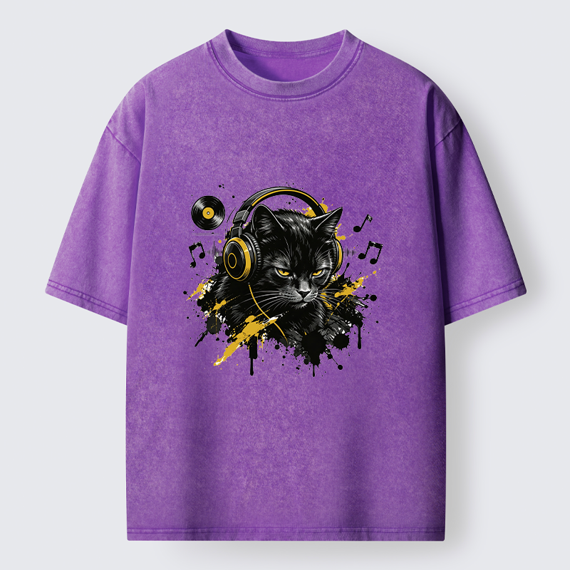 Tokyo-Tiger Black Cat Music Lover Washed T-Shirt