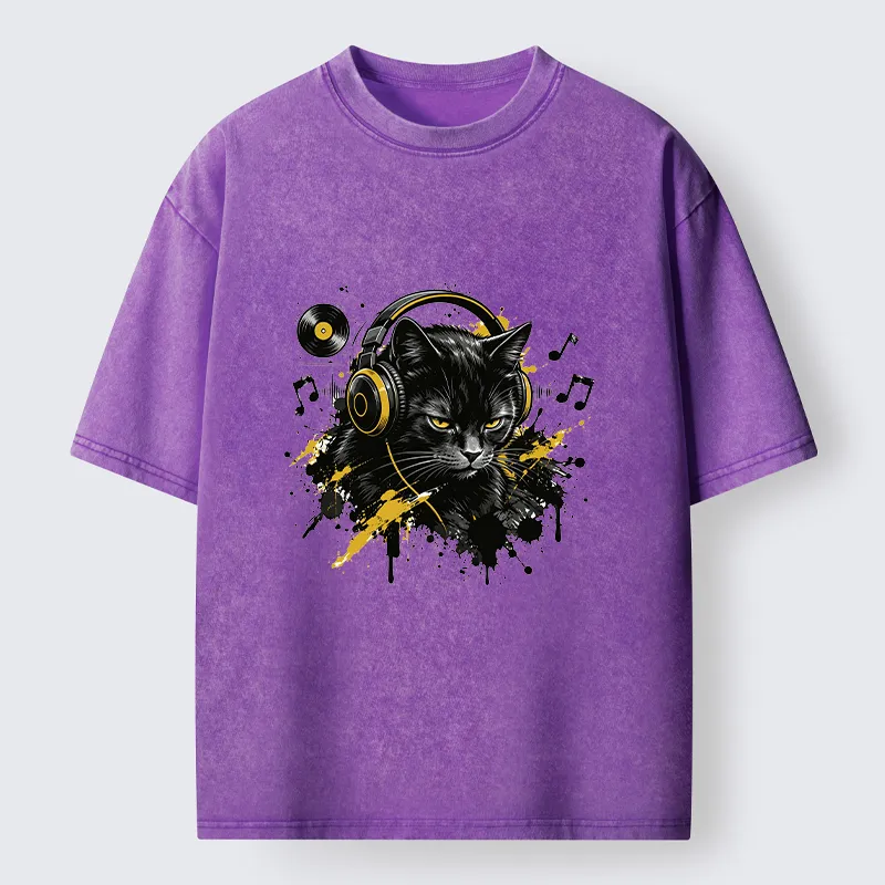 Tokyo‑Tiger Black Cat Music Lover Washed T‑Shirt Sale