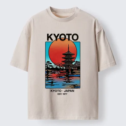 Tokyo-Tiger Japanese Temple Sunset Art Washed T-Shirt