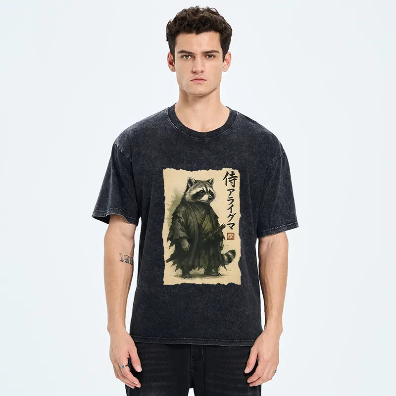 Tokyo-Tiger Japanese Samurai Raccoon Art Washed T-Shirt