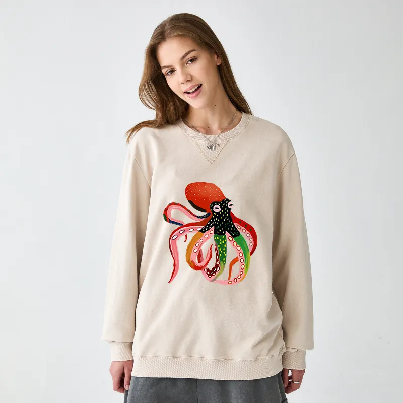 Tokyo-Tiger Colorful Octopus Art Washed Terry Sweatshirt
