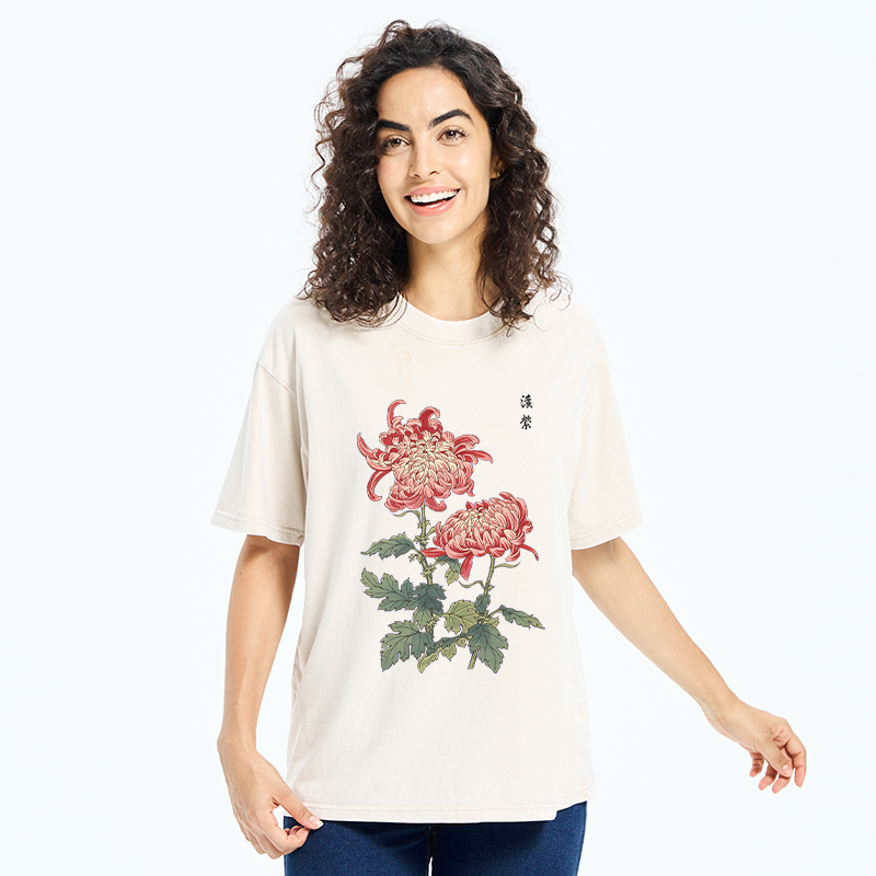 Tokyo-Tiger Vintage Red Chrysanthemum Flower Washed T-Shirt