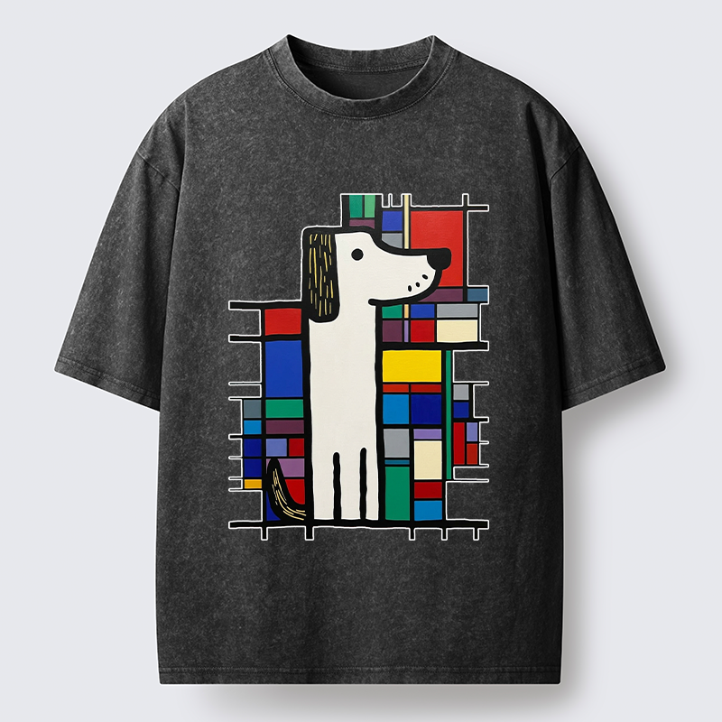 Tokyo-Tiger Geometric Cute Dog Art Washed T-Shirt