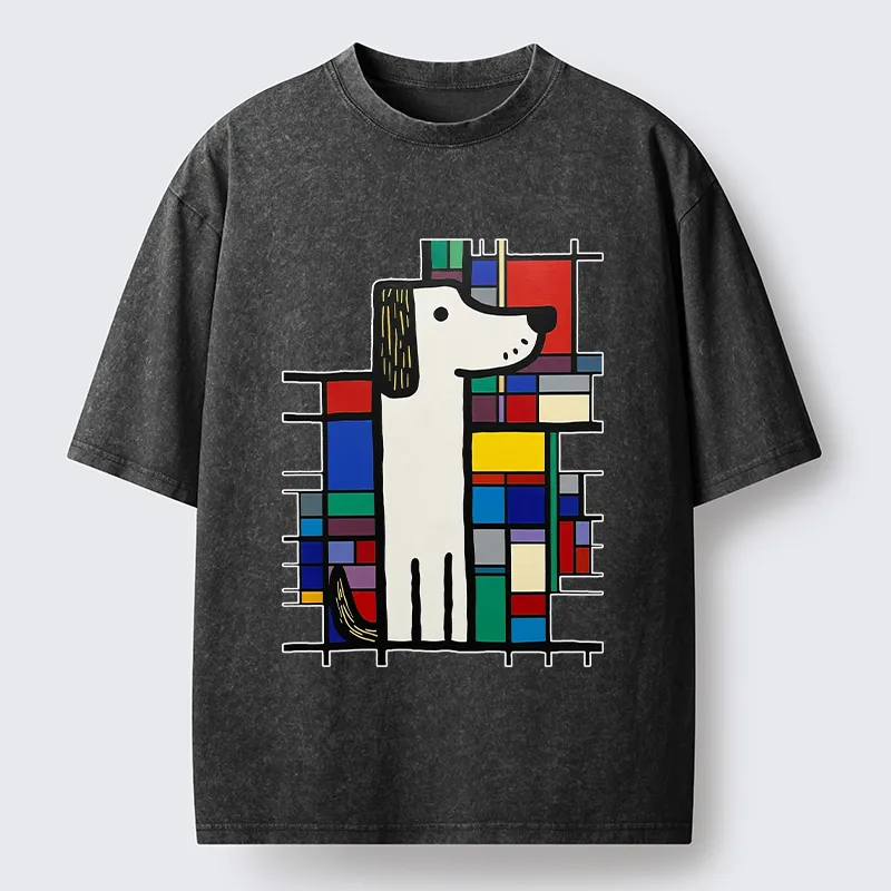 Tokyo-Tiger Geometric Cute Dog Art Washed T-Shirt