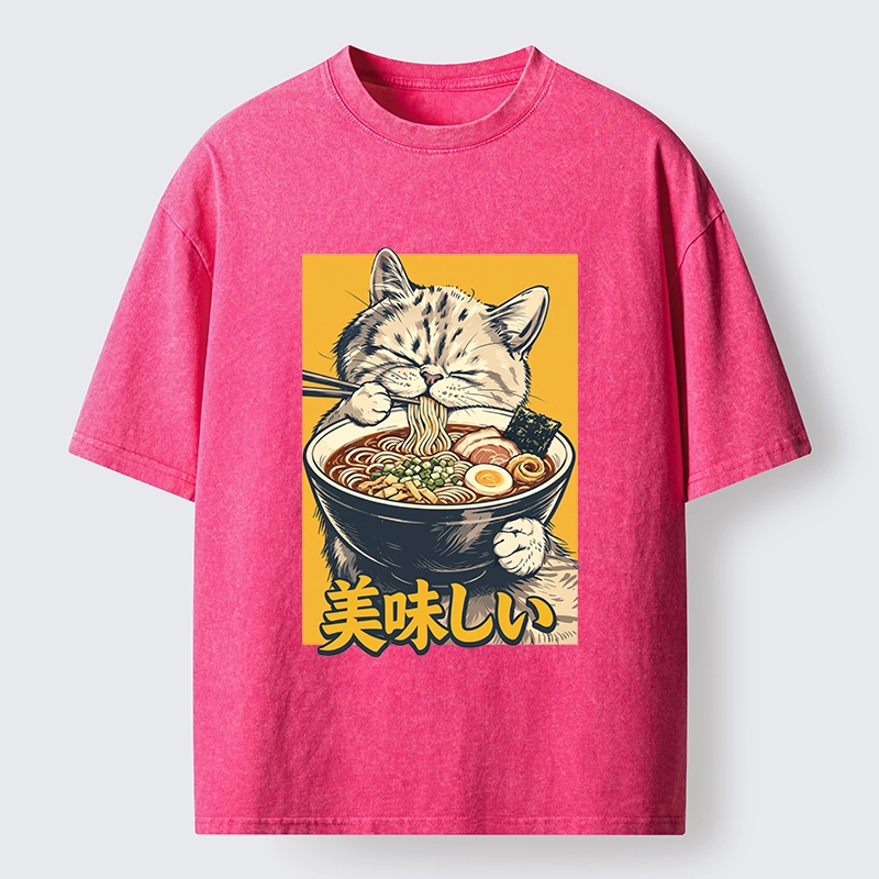 Tokyo‑Tiger Cat Eat Ramen Washed T‑Shirt