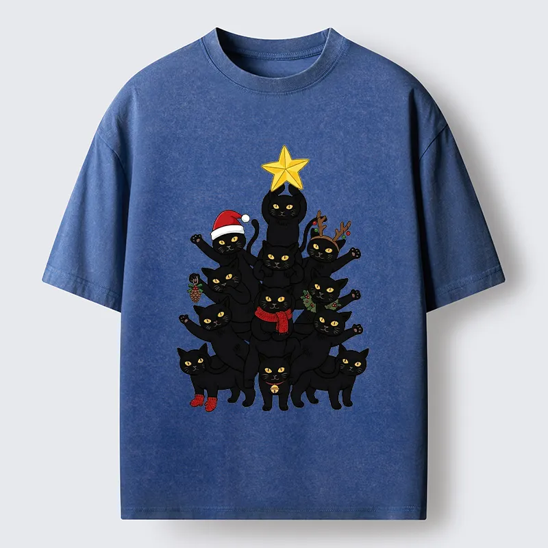 Tokyo-Tiger Stacked Black Cat Christmas Tree Washed T-Shirt