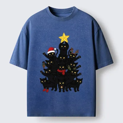 Tokyo-Tiger Stacked Black Cat Christmas Tree Washed T-Shirt