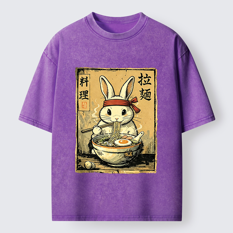 Tokyo-Tiger Cute Rabbit Eating Ramen Washed T-Shirt