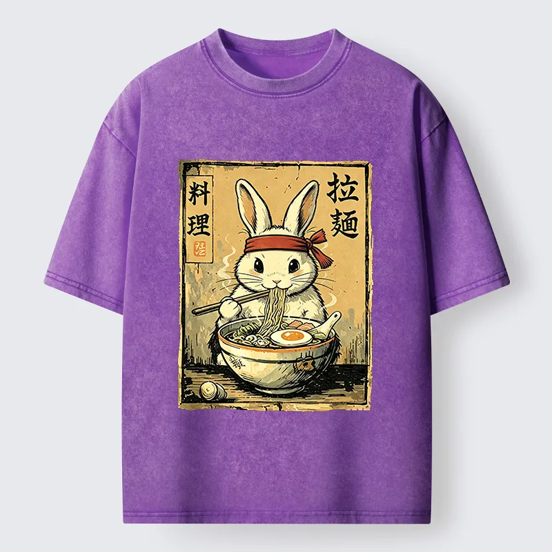 Tokyo‑Tiger Cute Rabbit Eating Ramen Washed T‑Shirt Sale